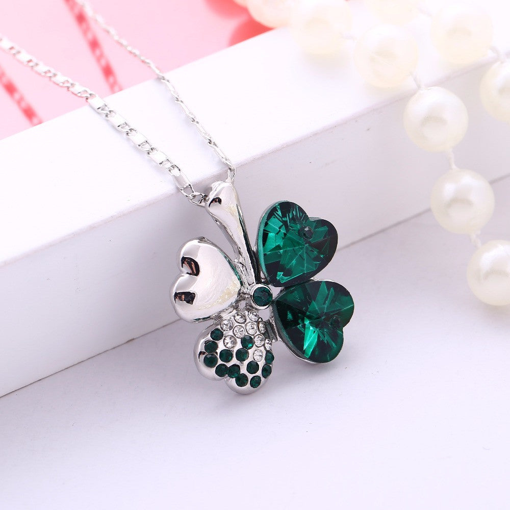 Women`s Day factory hotsell Austrian Crystal four Leaf Leaves Clover heart rhinestones necklace pendant jewelry 9554