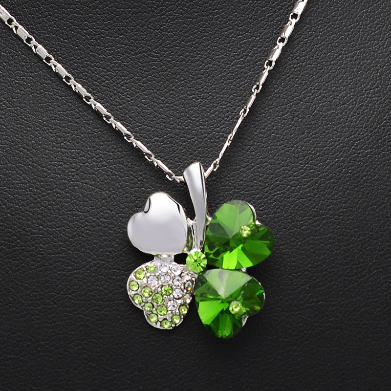 Women`s Day factory hotsell Austrian Crystal four Leaf Leaves Clover heart rhinestones necklace pendant jewelry 9554