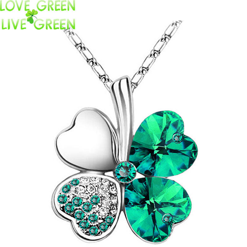 Women`s Day factory hotsell Austrian Crystal four Leaf Leaves Clover heart rhinestones necklace pendant jewelry 9554