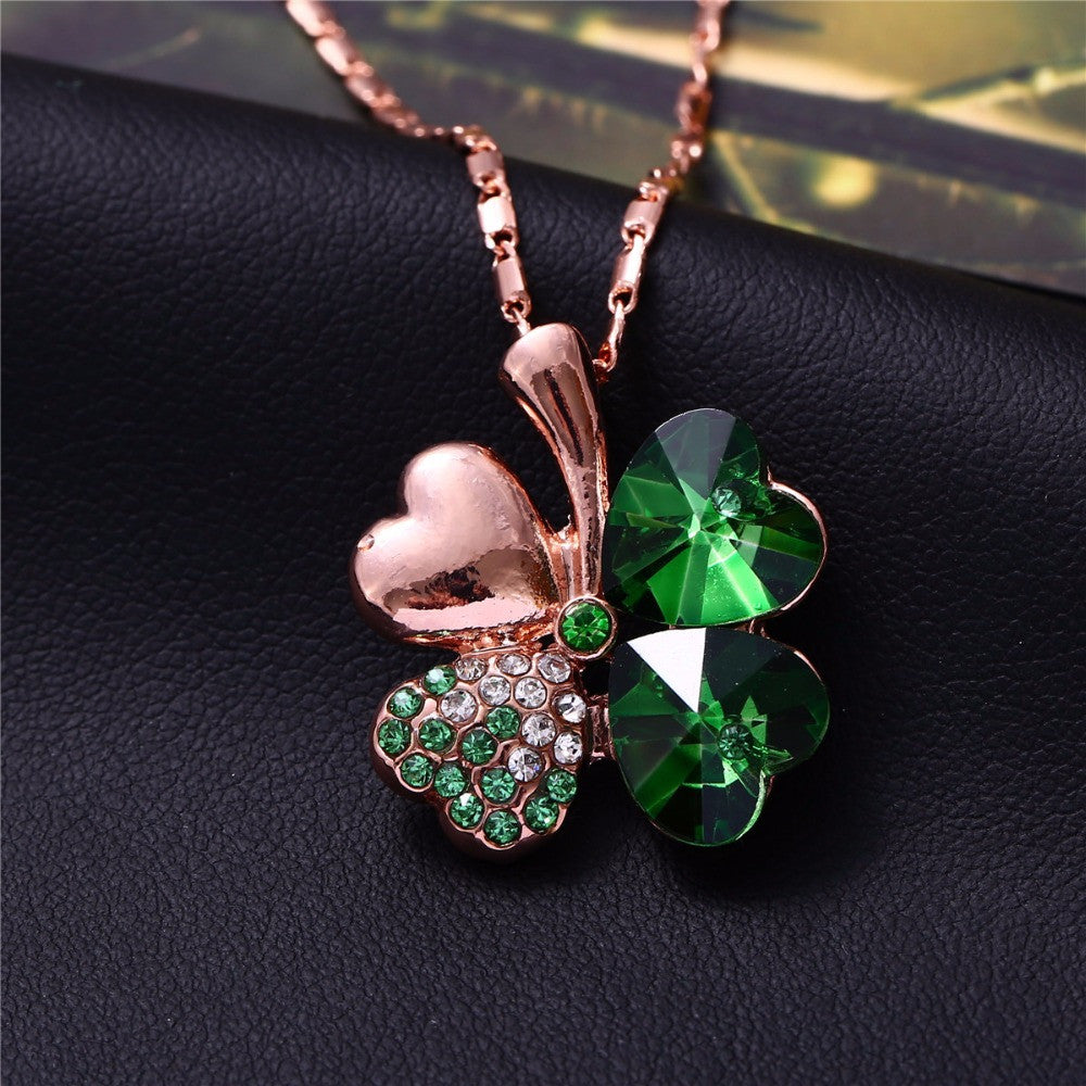 Women`s Day factory hotsell Austrian Crystal four Leaf Leaves Clover heart rhinestones necklace pendant jewelry 9554