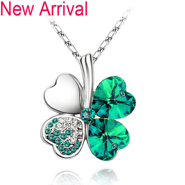 Women`s Day factory hotsell Austrian Crystal four Leaf Leaves Clover heart rhinestones necklace pendant jewelry 9554