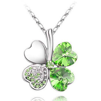 Women`s Day factory hotsell Austrian Crystal four Leaf Leaves Clover heart rhinestones necklace pendant jewelry 9554