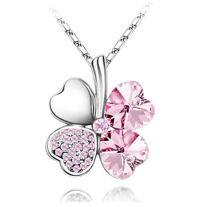 Women`s Day factory hotsell Austrian Crystal four Leaf Leaves Clover heart rhinestones necklace pendant jewelry 9554