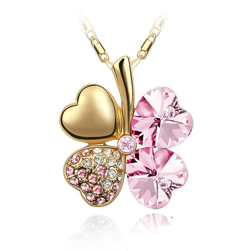 Women`s Day factory hotsell Austrian Crystal four Leaf Leaves Clover heart rhinestones necklace pendant jewelry 9554