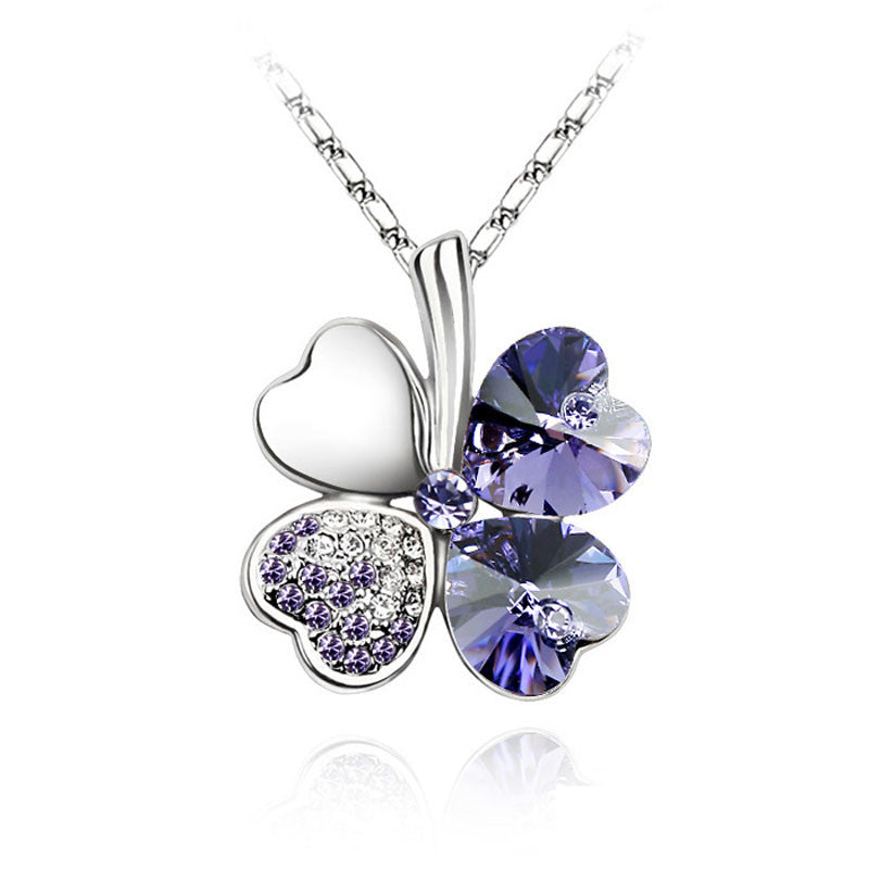 Women`s Day factory hotsell Austrian Crystal four Leaf Leaves Clover heart rhinestones necklace pendant jewelry 9554