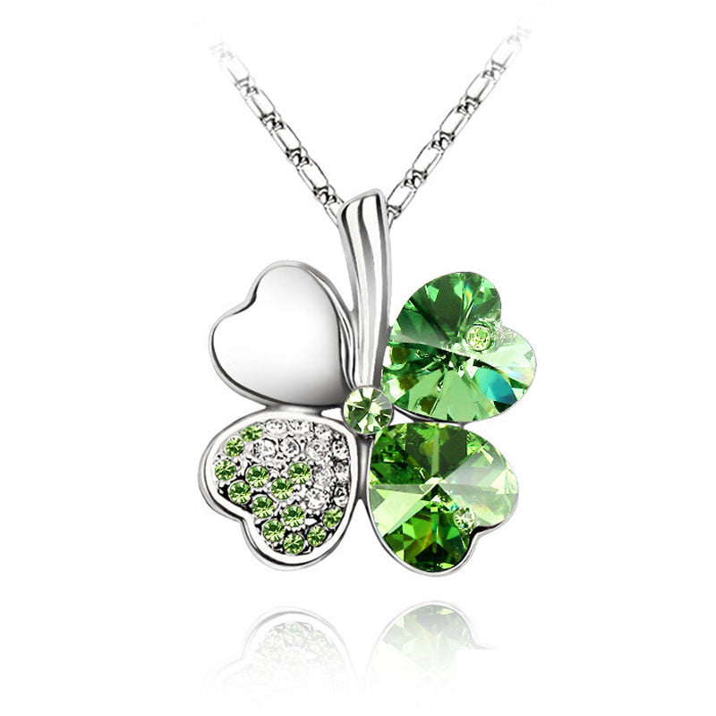 Women`s Day factory hotsell Austrian Crystal four Leaf Leaves Clover heart rhinestones necklace pendant jewelry 9554